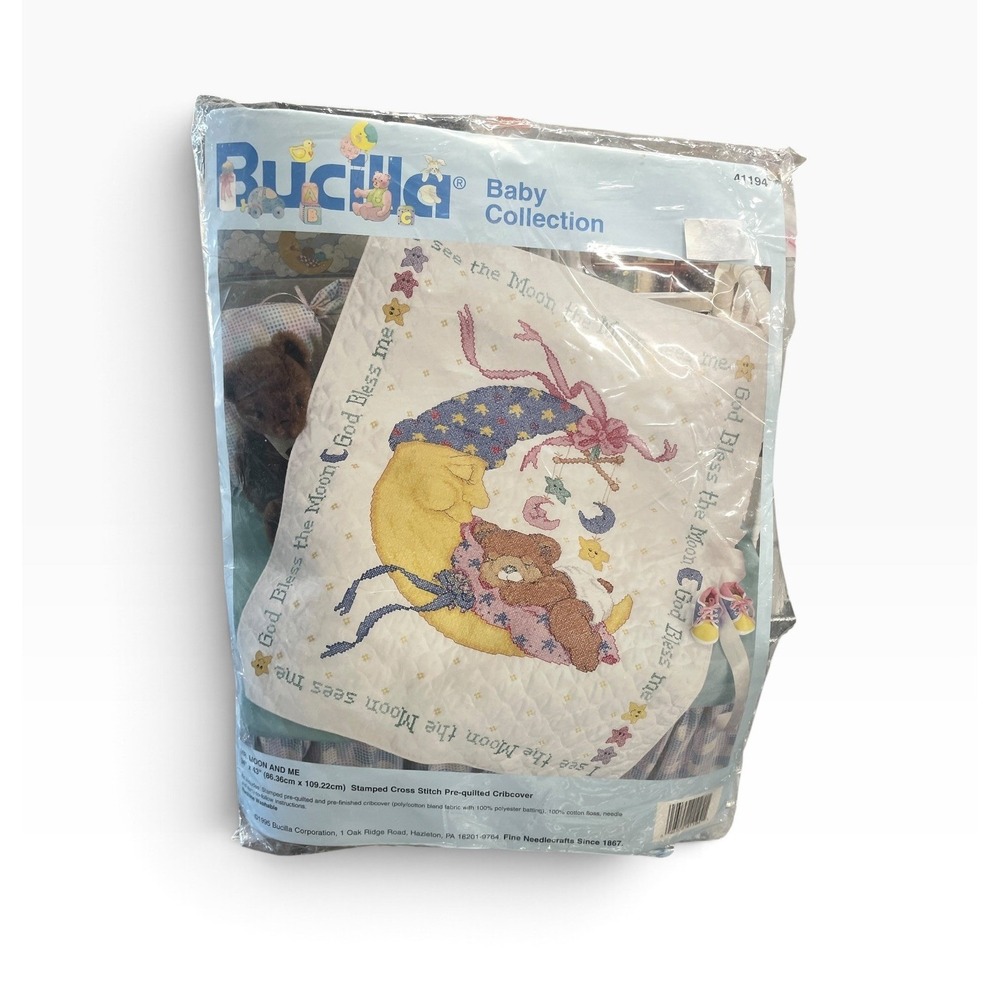 Bucilla Mr. Moon and Me Stamped Cross Stitch Kit Baby 34x43 White Vintage 41194